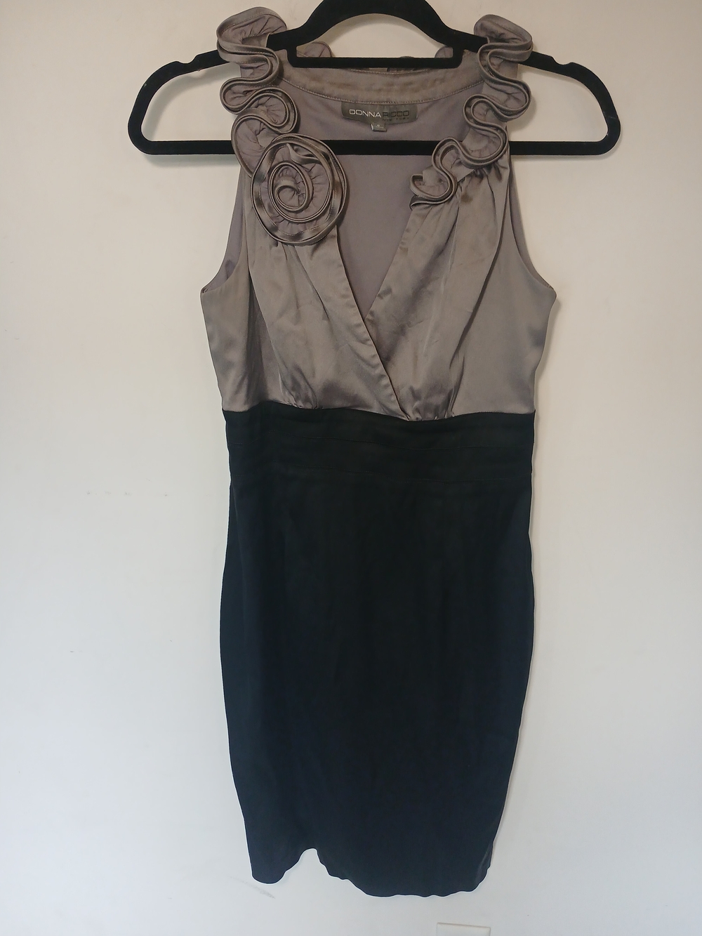 Donna Ricco Two-Tone Satin and Crepe Midi Dress in Silver and Black